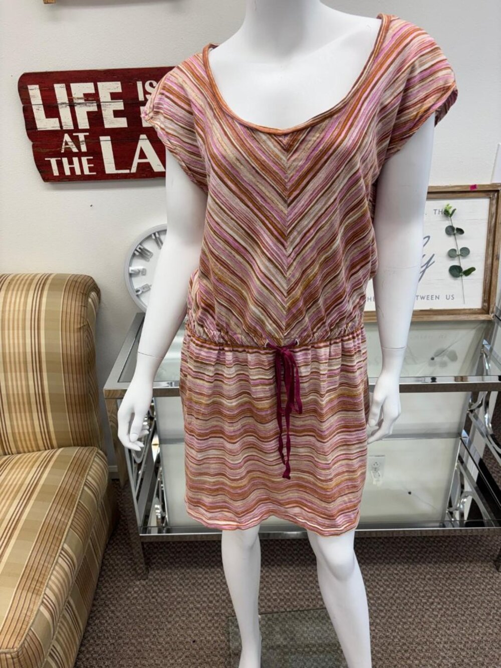 Striped Cap Sleeve Tie Waist Dress